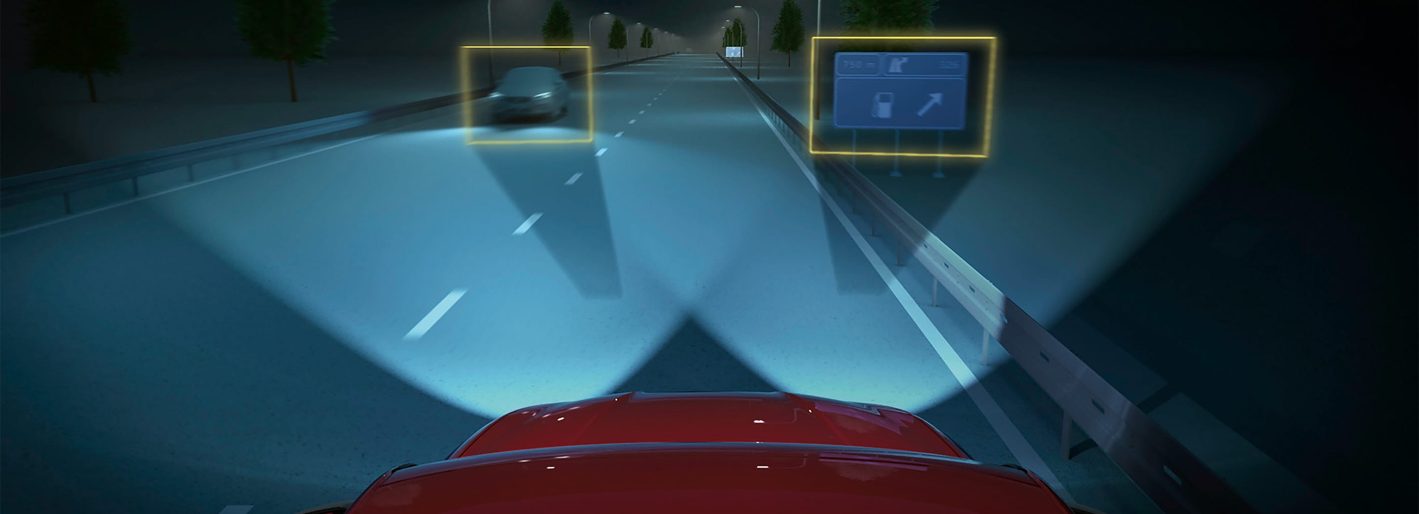 Matrix led headlights on the SEAT Leon demonstrating advanced technology used for enhanced safety, including automatic ecall for emergency assistance in the event of an accident.