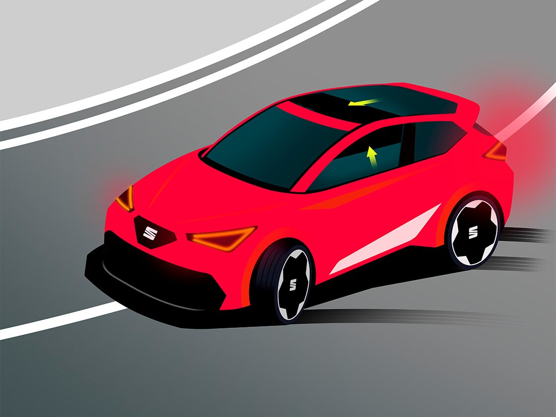 Visual of an orange car drifting slightly out of its lane, illustrating how the Pre-Crash preventive system assists you when there is a potential risk of collision.