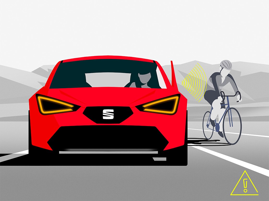 Illustration of the side Assist & Exit Assist in the SEAT Leon 5D, alerting the driver to vehicles in their blind spots.