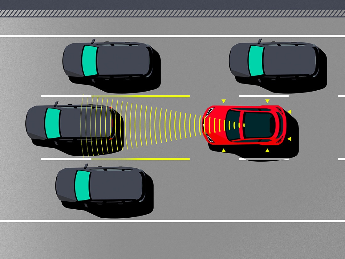 Illustration to showcase how the Traffic Jam Assist, included in the Safe Driving Pack XL, works. This pack is available for the SEAT Leon 5D.